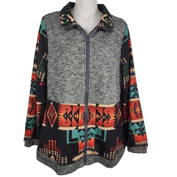 Fashion Express Womens Zip Jacket Medium Gray Orange Turquoise Aztec Southwest - Picture 1 of 9